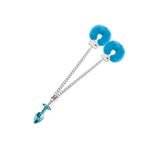 Nixie Metal Butt Plug and Furry Handcuff Set Blue