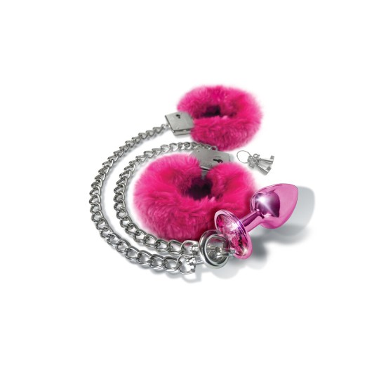 Nixie Metal Butt Plug and Furry Handcuff Set Pink