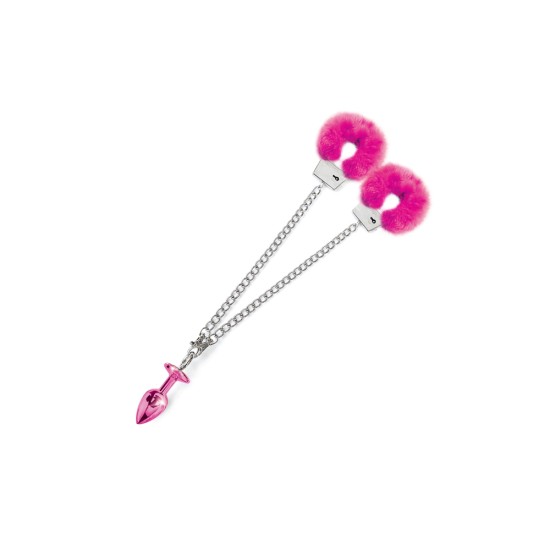 Nixie Metal Butt Plug and Furry Handcuff Set Pink